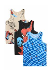Tre tanktoppe med Spider-Man designs. En beige med tegneseriekunst, en sort med karaktergrafik og en blå med ternet mønster.