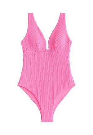 Costume intero rosa con scollo a V profondo e tessuto strutturato, progettato per donne.