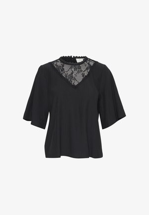 Czarna bluzka z krótkimi, rozkloszowanymi rękawami, z koronkowym karczkiem i falbaniastym dekoltem. Wykonana z fakturowanej tkaniny w pionowe paski.
