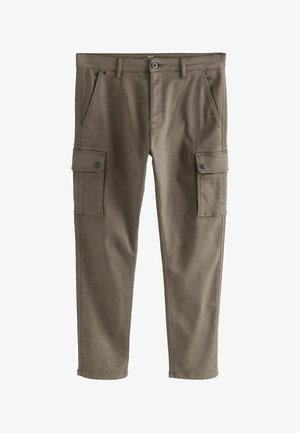 Küpsed pruunid cargo püksid, valmistatud vastupidavast kangast, kahel külgpockidel, nööbiaktsentidega ja kitseneva sääredisainiga.