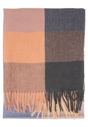 Wollendecke im karierten Muster, in den Farben Orange, Braun und Marineblau, mit fransigen Kanten und einer weichen Textur.