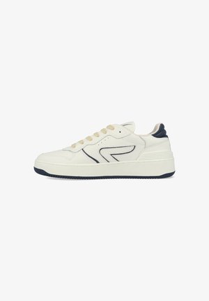 White leather sneaker with beige laces, navy accents at the heel, and a textured rubber sole. Features a logo on the side and stitching details.