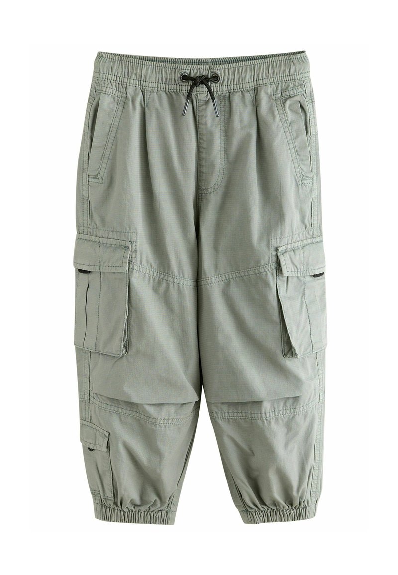 Hellgrüne Cargo-Shorts mit elastischem Bund, verstellbarem Kordelzug, mehreren Seitentaschen und gerafften Bündchen. Glattes, leichtes Material.