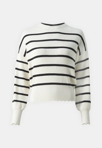 Pull rayé crème avec des rayures horizontales noires. Texture côtelée, coupe courte et bords en bas et aux manches festonnés.