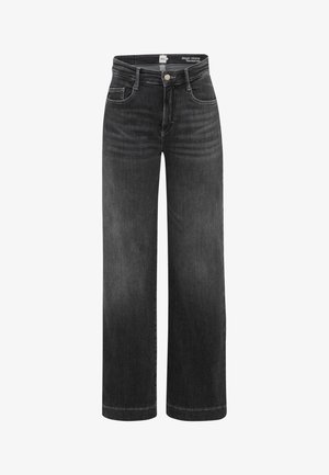 Black wide-leg jeans made from denim, featuring a button closure, belt loops, and front pockets with subtle whiskering details.