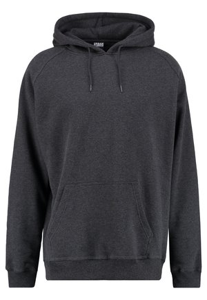 Mørkegrå hoodie lavet af blødt stof, med en frontlomme, justerbar snor i hætten og ribstrikkede manchetter og kant.