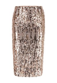 Pailletėmis puošta pieštuko sijonas su prigludusiu siluetu, pasižymintis auksiniais, rožiniais ir sidabriniais paillette, išdėstytais vertikaliomis juostomis. Lygi juosmenio juosta viršuje.