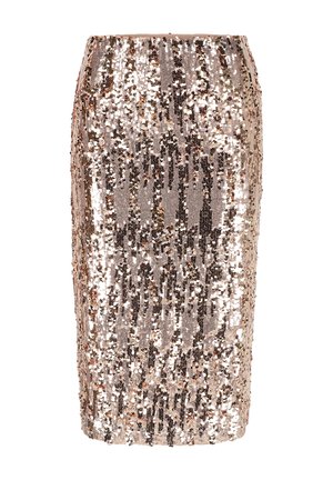 Sequined pencil skirt with a fitted silhouette, featuring gold, rose, and silver sequins arranged in vertical stripes. Smooth waistband at the top.