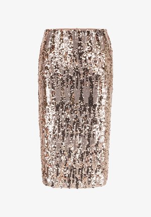 Mirdzoša svārku svītra ar pieguļošu siluetu, kurā ir zelta, rozā un sudraba mirdzošas fliteres, sakārtotas vertikālās svītrās. Gludas jostas augšdaļā.