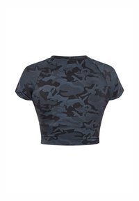 Cropped-Top im schwarzen und grauen Camouflage-Muster. Aus weichem, elastischen Material mit kurzen Ärmeln und rundem Halsausschnitt.