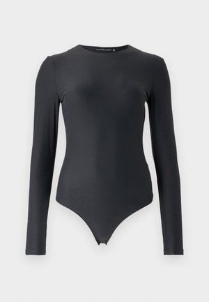 Langermet svart bodysuit laget av glatt, elastisk stoff med rund hals og tettsittende silhuett, med en thong-stil bunn.