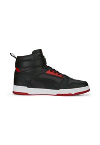 High-top sneakers in black leather with red accents, featuring a lace-up design, padded collar, and white rubber sole with textured grip.