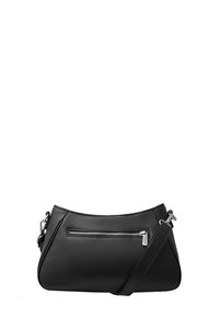 Borsa a tracolla nera in pelle con superficie texture, forma curva, dettaglio della zip argentata sul davanti e tracolla regolabile.