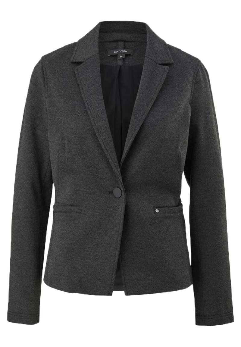 Szara marynarka wykonana z tkaniny strukturalnej, z kołnierzem z wycięciem, pojedynczym zapięciem na guzik oraz dwoma przednimi kieszeniami z eleganckimi detalami.