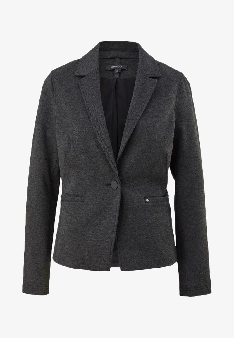 Szara marynarka wykonana z tkaniny strukturalnej, z kołnierzem z wycięciem, pojedynczym zapięciem na guzik oraz dwoma przednimi kieszeniami z eleganckimi detalami.