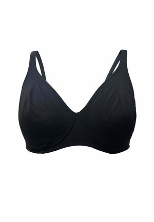 Reggiseno nero senza cuciture con ferretto, spalline regolabili, coppe lisce e design semplice su sfondo bianco.