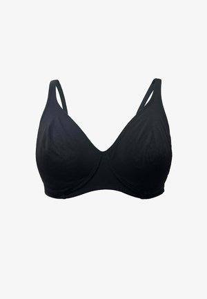 Reggiseno nero senza cuciture con ferretto, spalline regolabili, coppe lisce e design semplice su sfondo bianco.