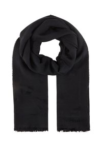 Écharpe noire en tissu doux et légèrement texturé. Présente des bords frangés et un design circulaire, adaptée à diverses options de style.
