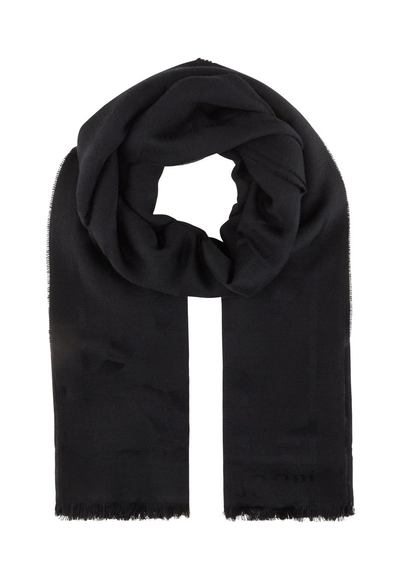 Écharpe noire en tissu doux et légèrement texturé. Présente des bords frangés et un design circulaire, adaptée à diverses options de style.