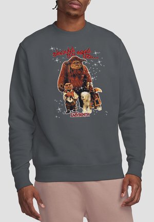 Gray sweatshirt featuring a graphic print of four characters from "Labyrinth," with bold red text and sparkly accents.
