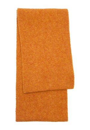 Pomarańczowy szalik w prążki wykonany z miękkiego dzianego materiału, charakteryzujący się fakturowanym wykończeniem. Starannie złożony z czystymi krawędziami.