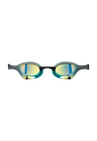 Gafas de natación en gris y azul verdoso, con lentes amarillos espejados, diseño aerodinámico, sellado de silicona suave y correa ajustable.