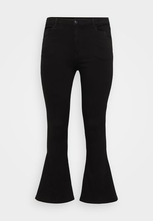 Schwarze ausgestellte Jeans mit einer taillierten Passform, klassischem Fünf-Taschen-Design und glatter Denim-Oberfläche mit einem subtilen Stretchanteil.