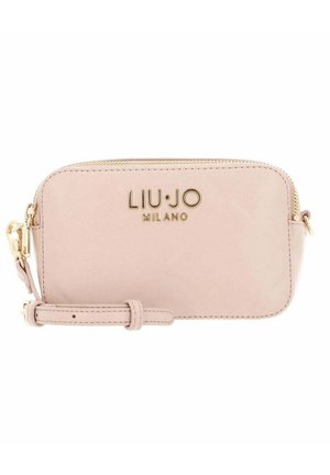 Bolso bandolera Liu Jo Milano rosa claro con logotipo dorado, cierre de cremallera y correa ajustable, mostrado sobre fondo blanco.