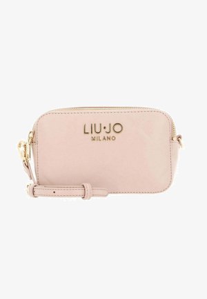 Sac bandoulière Liu Jo Milano rose pâle avec logo doré, fermeture éclair et bandoulière réglable, présenté sur fond blanc.