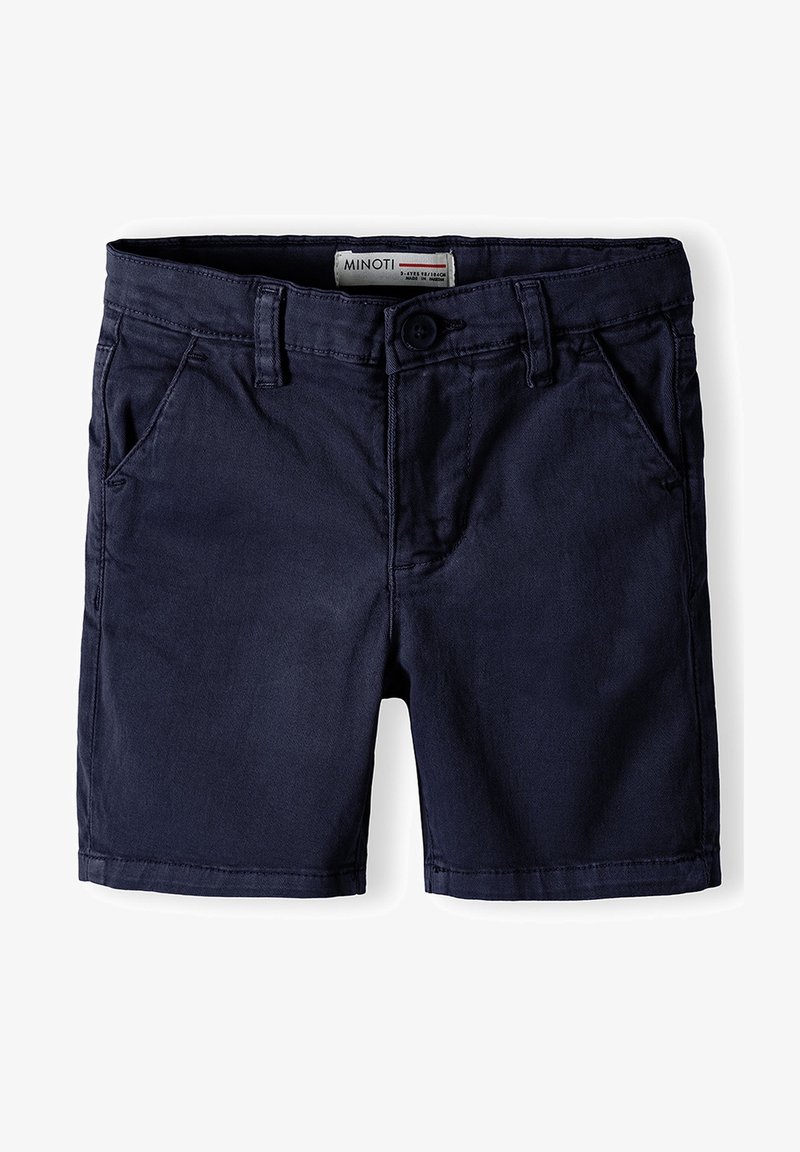 Shorts en coton bleu marine avec bouton et fermeture éclair à l'avant, poches latérales, passants pour ceinture, et étiquette de la marque Minoti à l'intérieur de la ceinture.