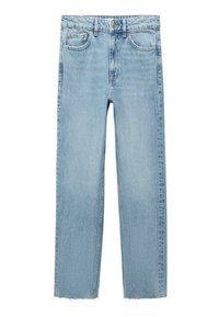 Jeans a gamba dritta azzurro chiaro con orlo sfilacciato, design a cinque tasche e chiusura con bottone, realizzati in denim con una texture usurata.
