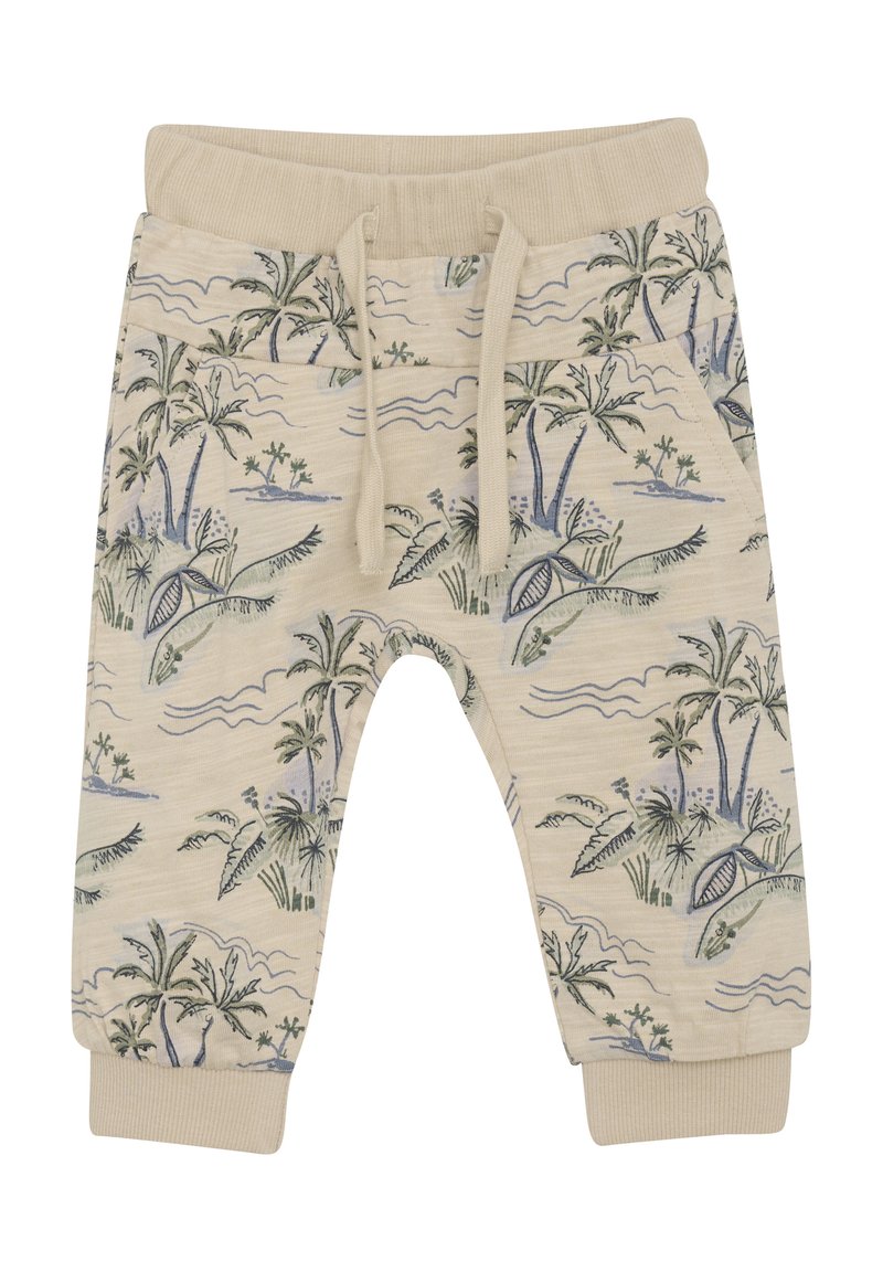 Crème kleurige joggerbroek met een palmboom- en oceaangolfprint, elastische tailleband met trekkoord en ribgebreide boorden. Zacht katoenmateriaal.