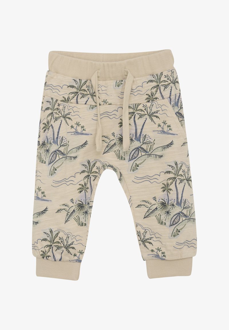 Crème kleurige joggerbroek met een palmboom- en oceaangolfprint, elastische tailleband met trekkoord en ribgebreide boorden. Zacht katoenmateriaal.
