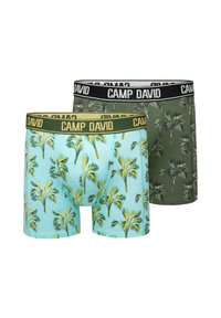 Two pairs of men's boxers: one in light blue with yellow palm tree pattern, the other in dark green with a palm leaf design, both with branded waistbands.