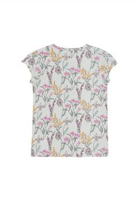 Blomstermønstret kortærmet t-shirt i lysegrå, med pink, gule og lilla blomster på et blødt, let materiale.