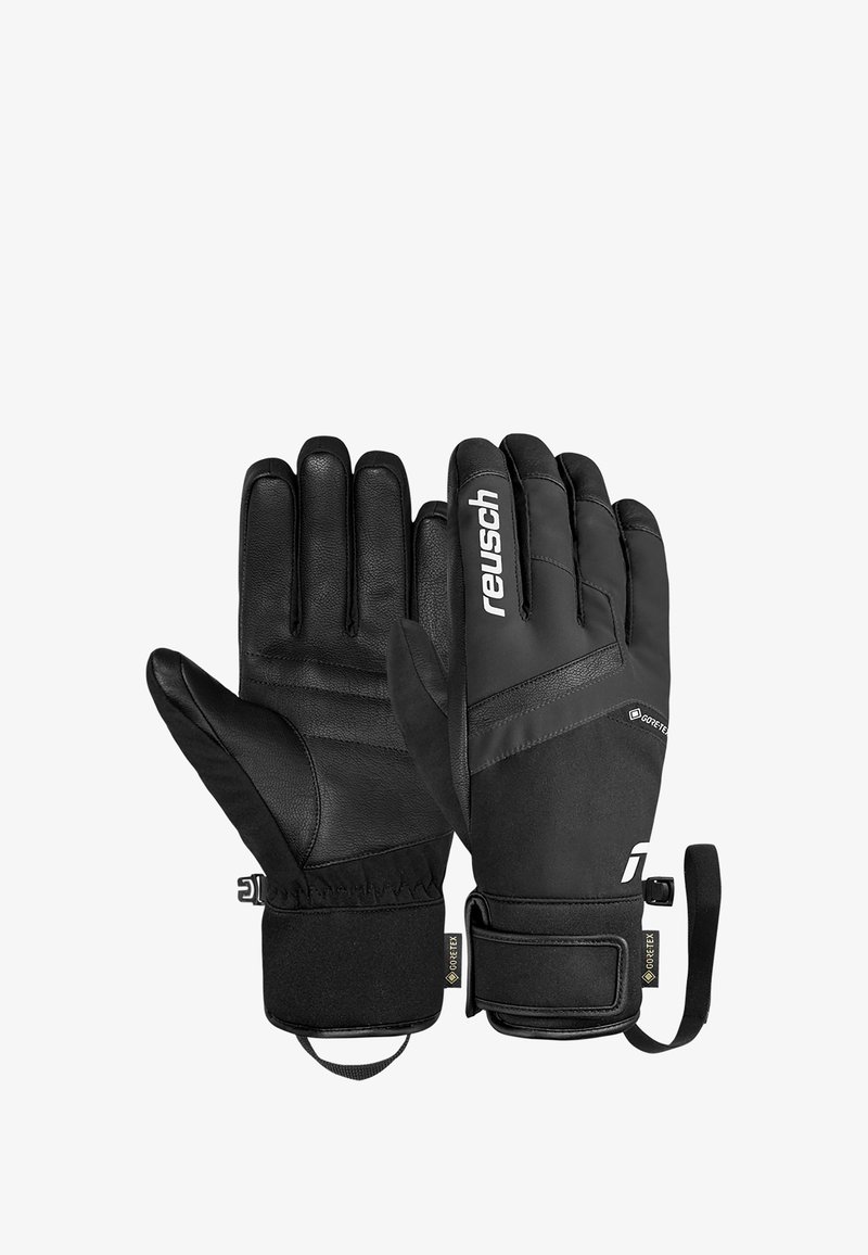 Svarta vinterhandskar gjorda av läder och textil, med en flexibel passform, justerbart handledsband och strukturerat grepp på handflatorna.