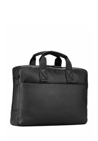 Schwarze Lederaktentasche mit zwei oberen Griffen, Reißverschluss, Fronttasche und glatter Textur. Rechteckiges Design mit verstärkten Nähten.