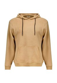 Beige hoodie van zacht materiaal met een voorzak, verstelbare koord en zwarte accenten op de koord voor contrast.