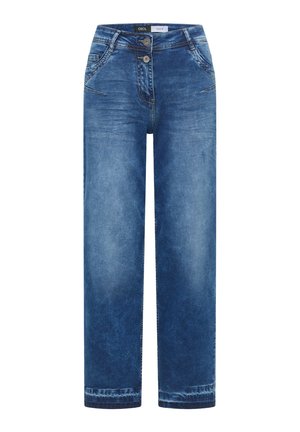 Jean en denim bleu avec une taille haute, une braguette à boutons, des poches avant et une coupe droite décontractée.