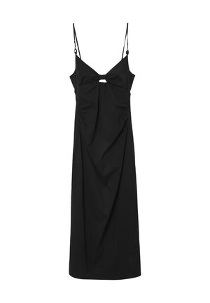 Vestito nero attillato con spalline sottili regolabili, caratterizzato da un dettaglio a fiocco sul collare e un texture arricciata lungo il davanti per creare profondità.