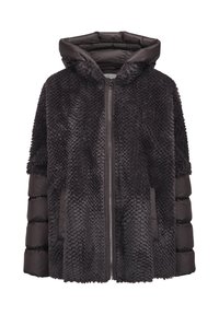 Dunkelgraue Kapuzenjacke mit einem plüschigen, strukturierten Vorderteil und glatten, gepolsterten Ärmeln, mit einem Reißverschluss und seitlichen Taschen.