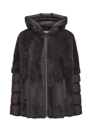 Dark gray hooded jacket featuring a plush, textured front and smooth, padded sleeves with a zip closure and side pockets.