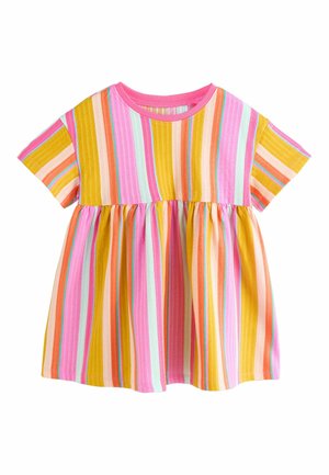 Kurzärmeliges Kleinkindkleid mit vertikalen Streifen in Pink, Gelb, Orange, Weiß und Hellblau, mit geraffter Taille und rundem Ausschnitt.