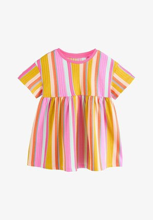 Short-sleeve toddler dress with vertical stripes in pink, yellow, orange, white, and light blue, featuring a gathered waist and round neckline.