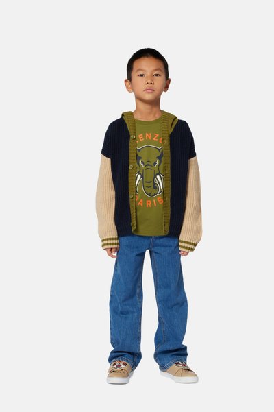 Cardigan en tricot aux teintes bleu marine, crème et vert olive, superposé sur un t-shirt graphique représentant un éléphant. Associé à un jean bleu et des chaussures à motifs.