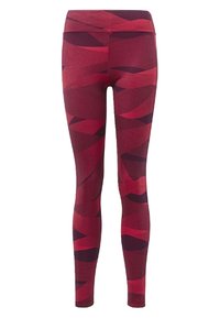 Legginsy w czerwone i ciemno bordowe wzory z falistymi motywami, wykonane z teksturowanej elastycznej tkaniny. Wysoki stan dla lepszego wsparcia.