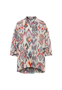 Short-sleeve blouse in lightweight fabric with multicolored abstract diamond and geometric patterns. Features a collared neck and button front.