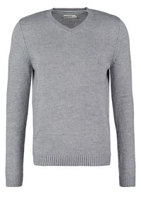 Maglione grigio a V con maniche lunghe, motivo in maglia testurizzata e polsini e orlo a coste. Design semplice senza loghi visibili o decorazioni.