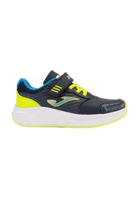 Zapatillas deportivas negras con acentos en azul y amarillo neón, que cuentan con una correa de velcro, superposiciones texturizadas y una ligera suela blanca.