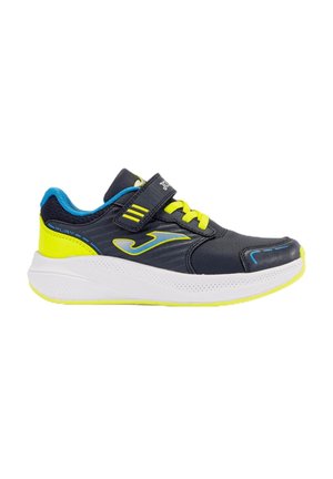 Scarpe sportive nere con accenti blu e giallo neon, dotate di una fascia in Velcro, sovrapposizioni testurizzate e una suola leggera bianca.